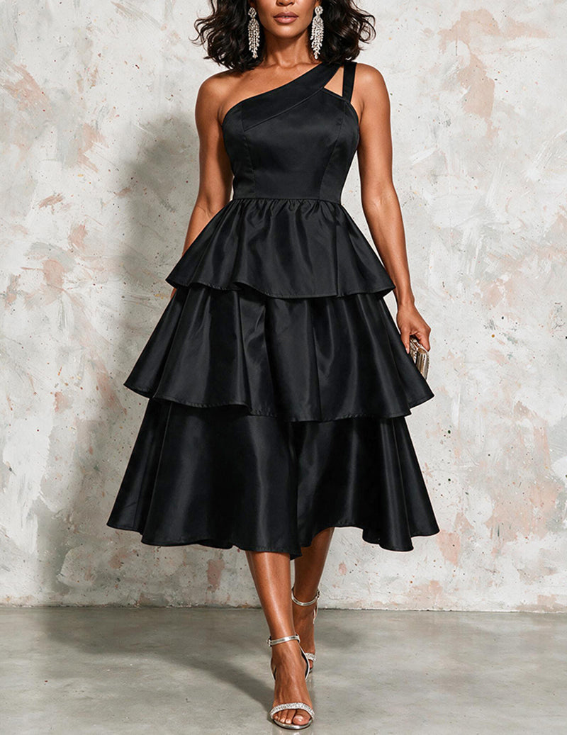 Ekouaer Satin Off-Shoulder Ruffle Layered A-Line Tie Waist Party Dress