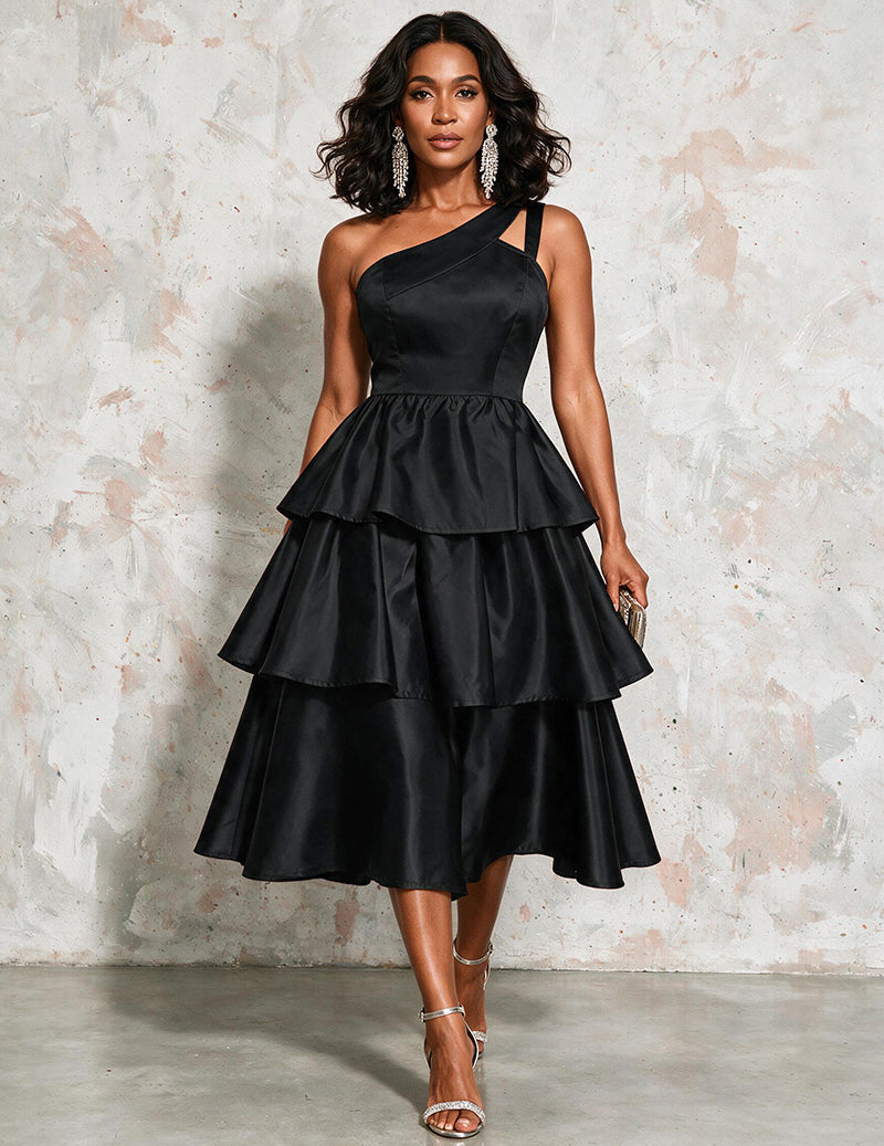 Ekouaer Satin Off-Shoulder Ruffle Layered A-Line Tie Waist Party Dress