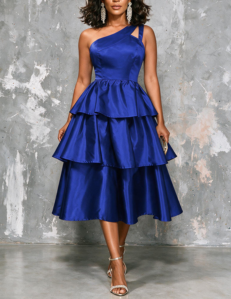 Ekouaer Satin Off-Shoulder Ruffle Layered A-Line Tie Waist Party Dress