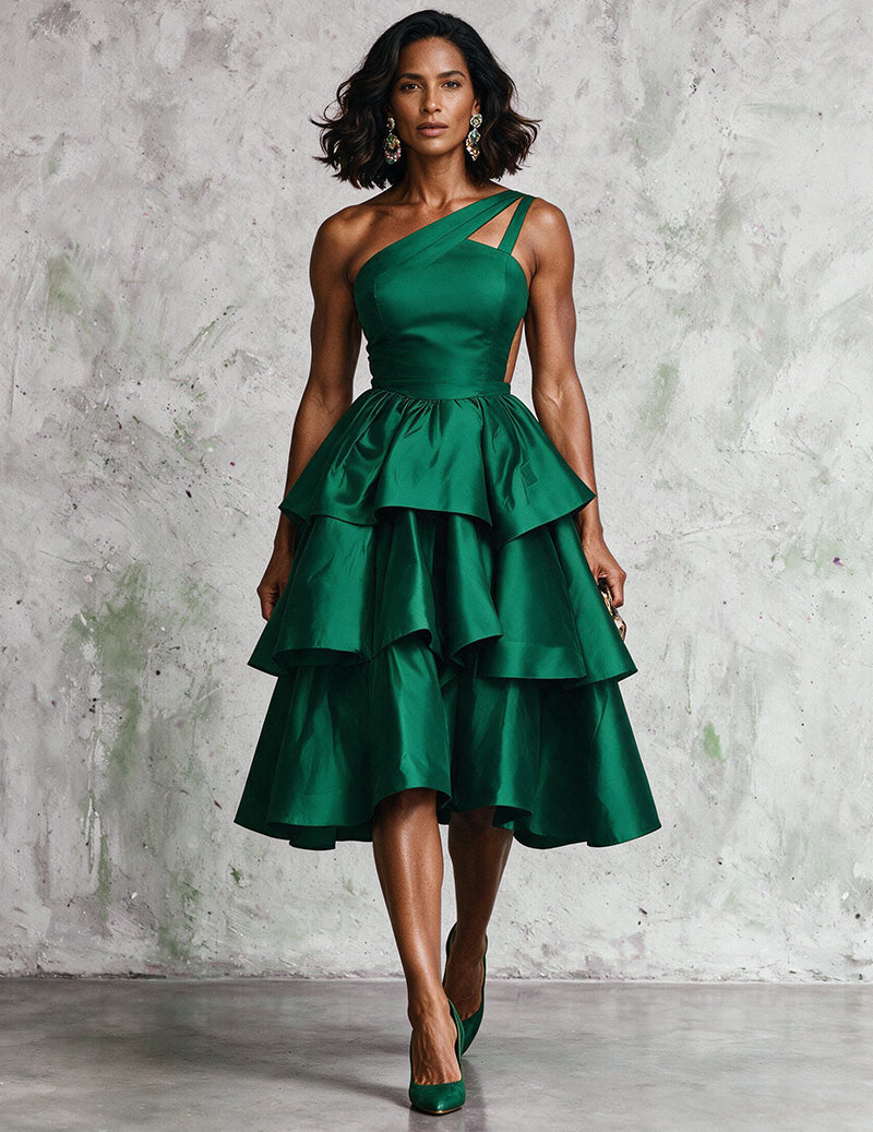 Ekouaer Satin Off-Shoulder Ruffle Layered A-Line Tie Waist Party Dress