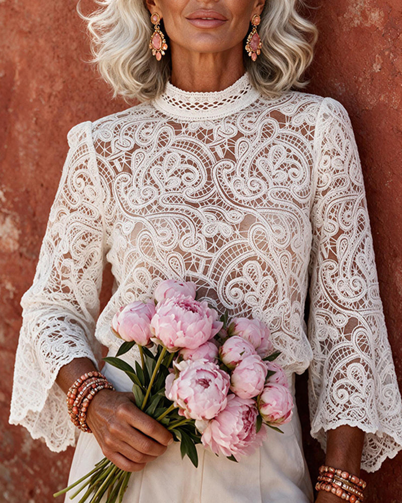 Ekouaer French Lace Stand Collar Long Sleeve Top