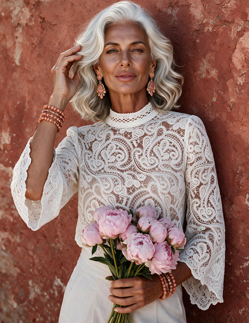 Ekouaer French Lace Stand Collar Long Sleeve Top