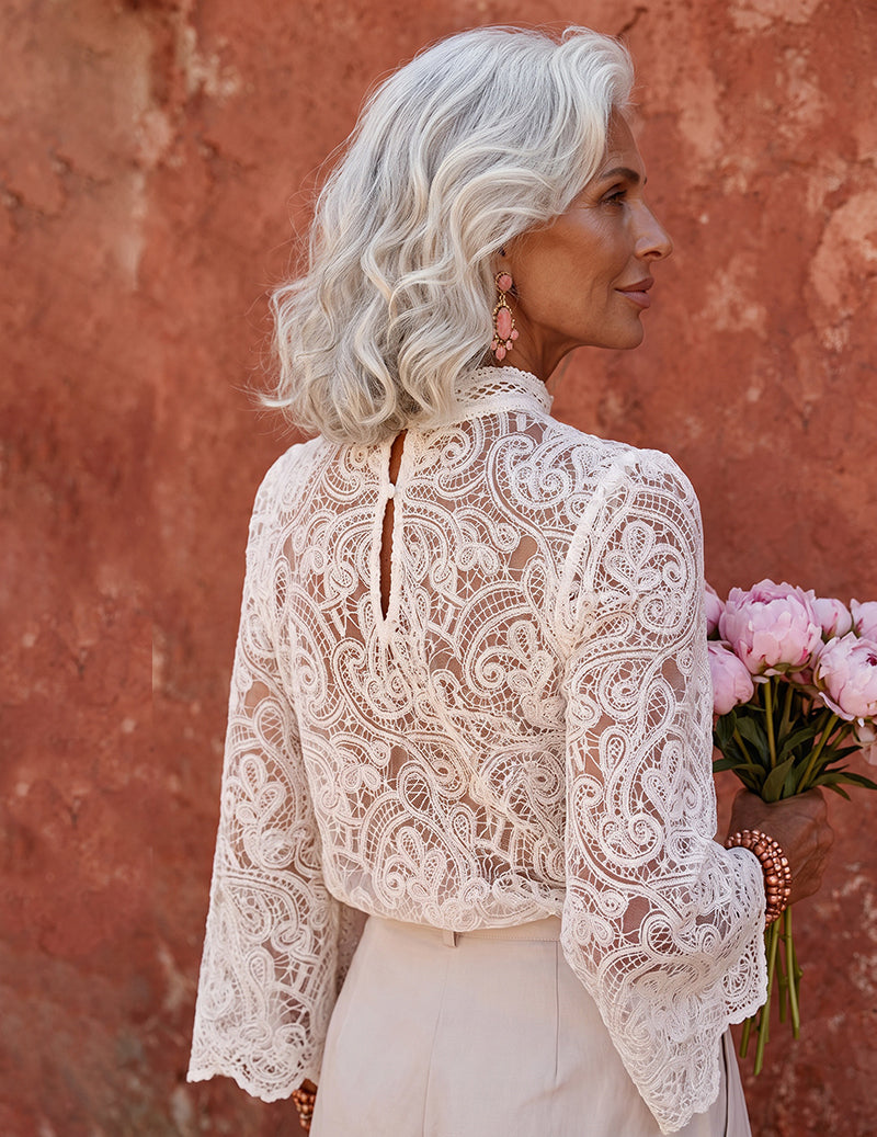 Ekouaer French Lace Stand Collar Long Sleeve Top