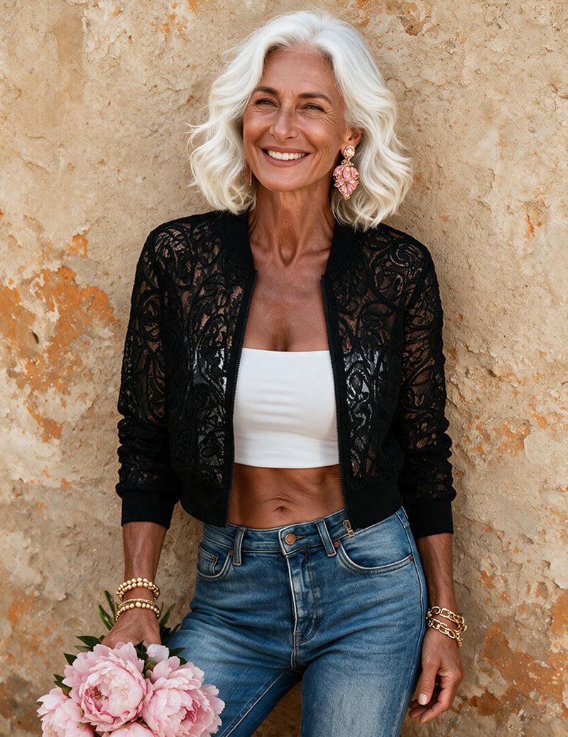 Ekouaer Lace Zip-Up Short Cardigan Jacket