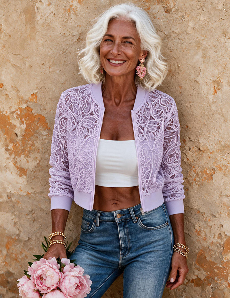 Ekouaer Lace Zip-Up Short Cardigan Jacket