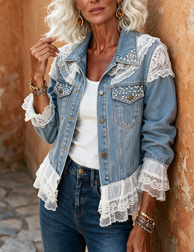 Ekouaer Denim Lace Pearl Embellished Jacket