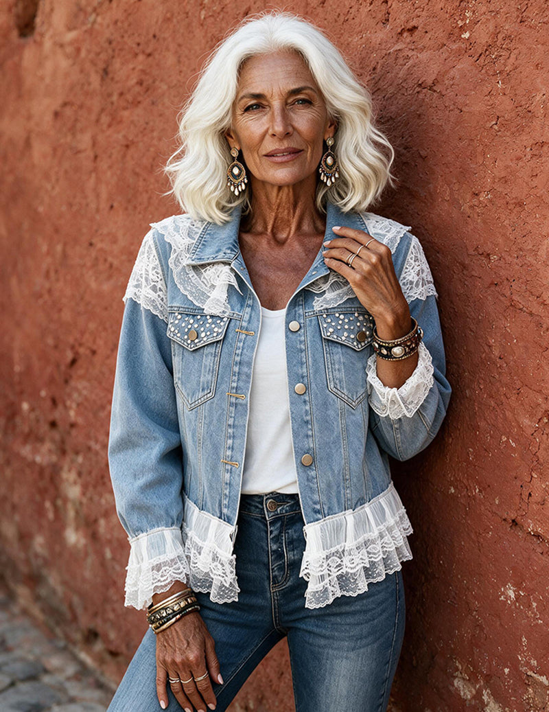 Ekouaer Denim Lace Pearl Embellished Jacket
