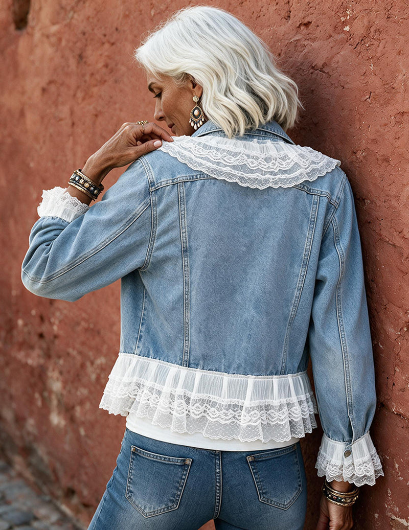 Ekouaer Denim Lace Pearl Embellished Jacket