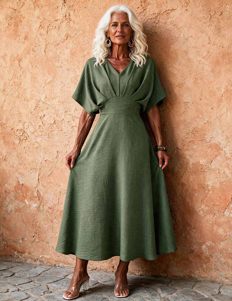 Ekouaer V-Neck Fitted Short Sleeve Midi Dress