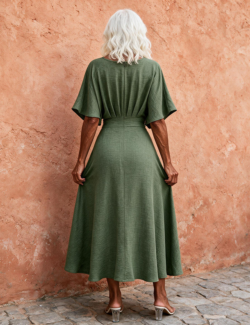 Ekouaer V-Neck Fitted Short Sleeve Midi Dress