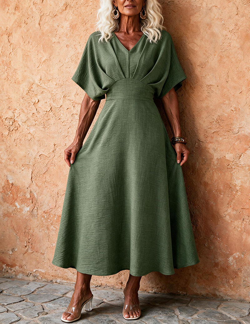 Ekouaer V-Neck Fitted Short Sleeve Midi Dress