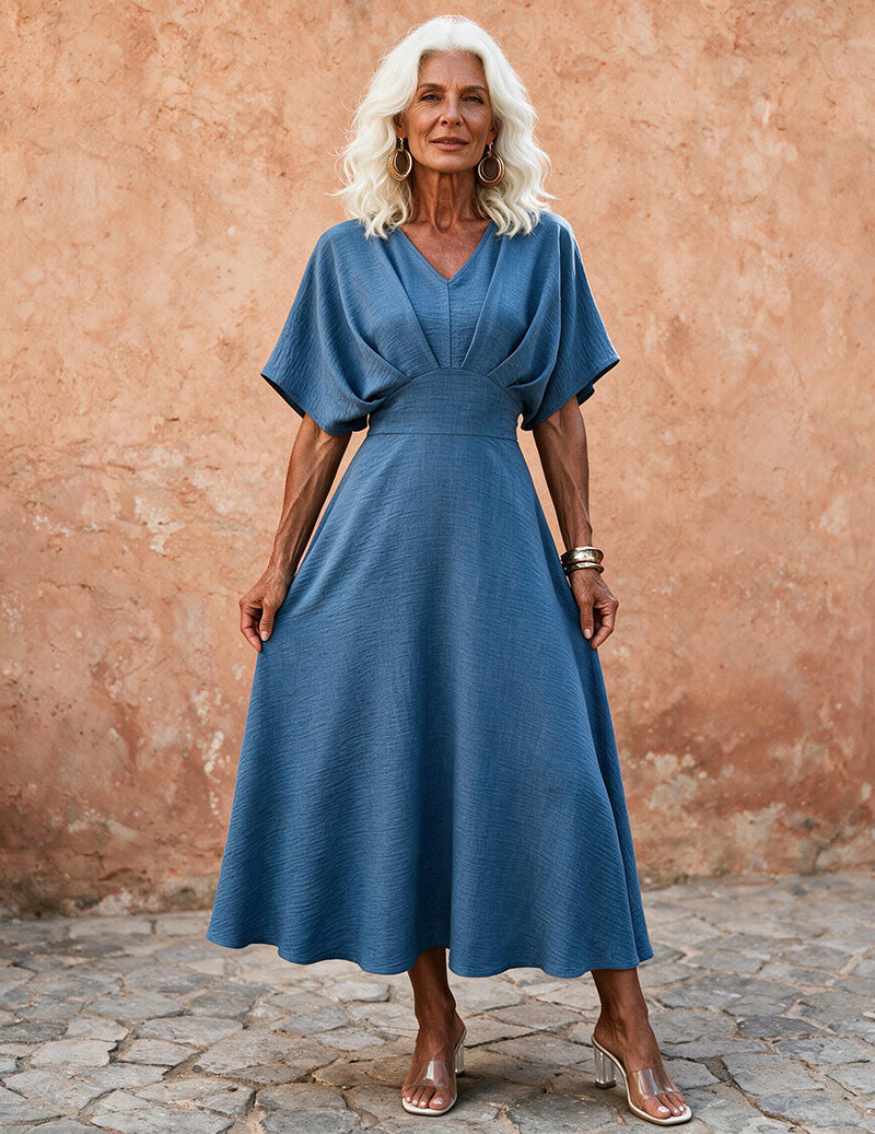 Ekouaer V-Neck Fitted Short Sleeve Midi Dress