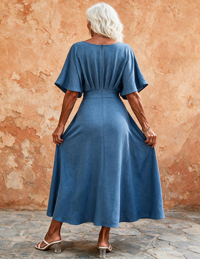 Ekouaer V-Neck Fitted Short Sleeve Midi Dress