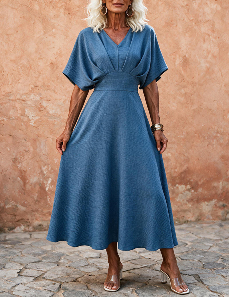 Ekouaer V-Neck Fitted Short Sleeve Midi Dress
