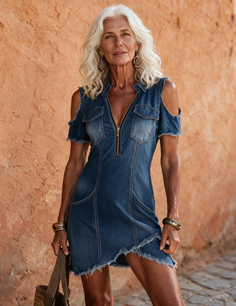 Ekouaer Denim Stretch Casual Midi Dress