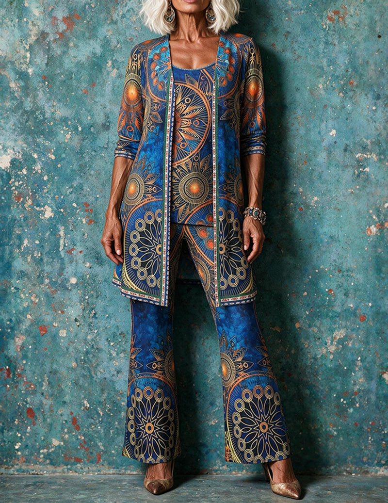 Printed Open Front Cardigan Tank Top and Wide Leg Pants Three-Piece Loungewear Set
