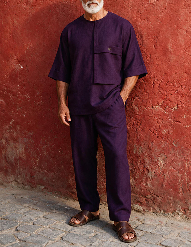 Men's deep purple two-piece loungewear set with patch pocket shirt and matching pants