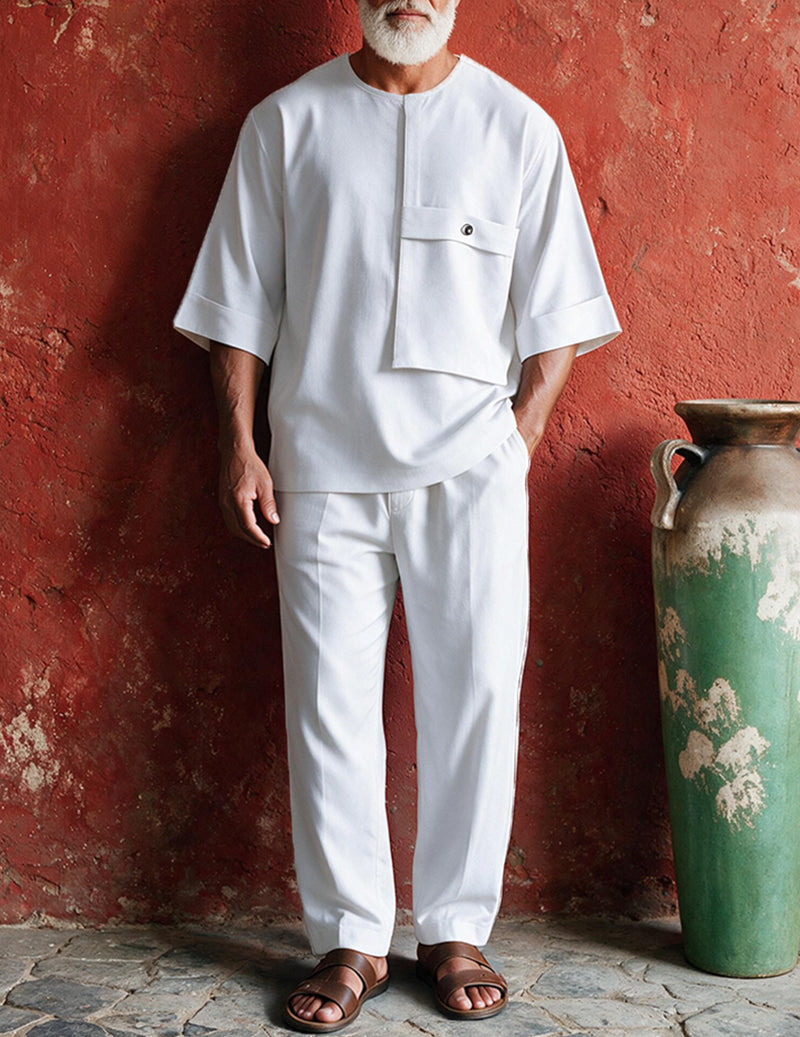 Men's white two-piece loungewear set with a chest patch pocket and matching pants