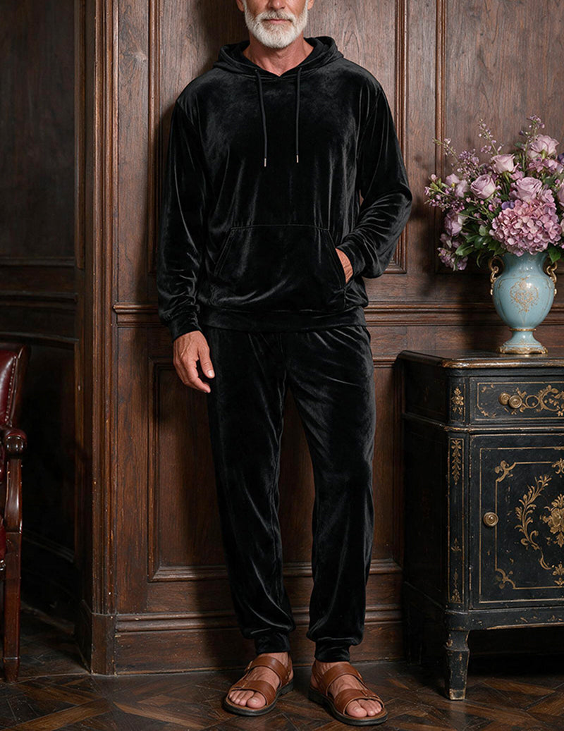 Men's black velvet hooded sweatshirt and jogger pants two-piece loungewear set