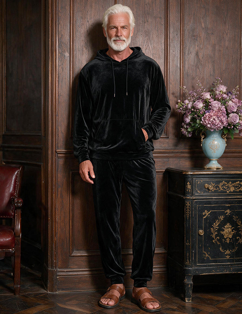 Men's black velvet hooded sweatshirt and jogger pants two-piece loungewear set