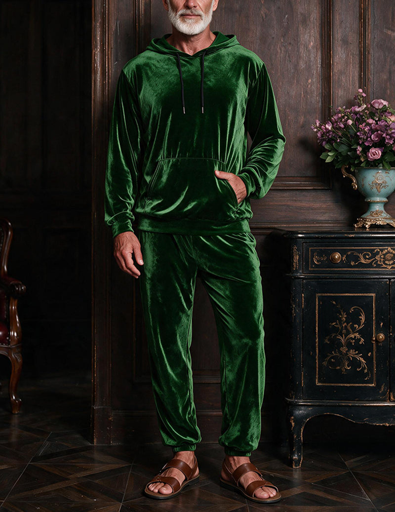 Men's green velvet hooded sweatshirt and jogger pants two-piece loungewear set