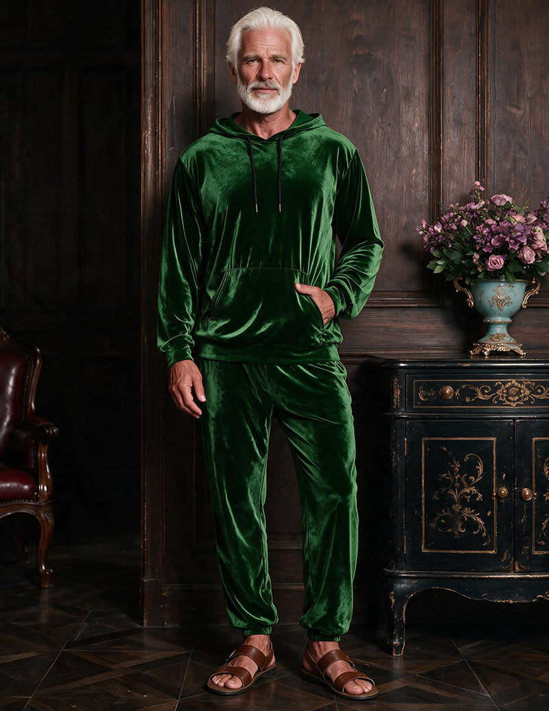 Men's green velvet hooded sweatshirt and jogger pants two-piece loungewear set