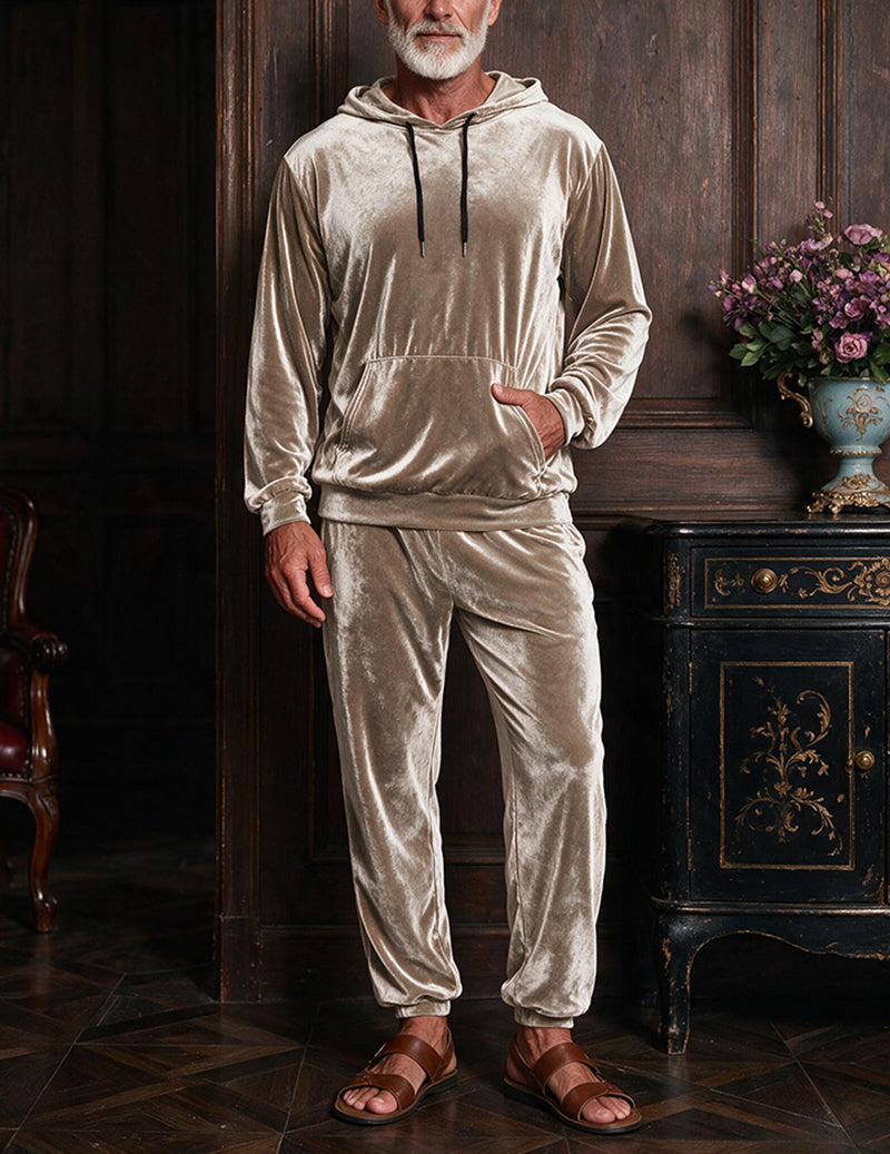 Men's khaki velvet hooded sweatshirt and jogger pants two-piece loungewear set
