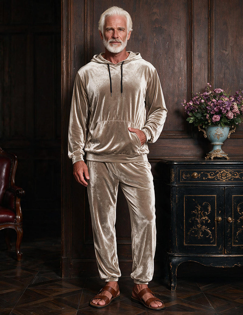 Men's khaki velvet hooded sweatshirt and jogger pants two-piece loungewear set