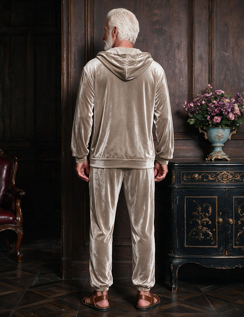 Men's khaki velvet hooded sweatshirt and jogger pants two-piece loungewear set, back view