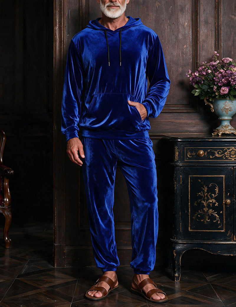 Men's royal blue velvet hooded sweatshirt and jogger pants two-piece loungewear set