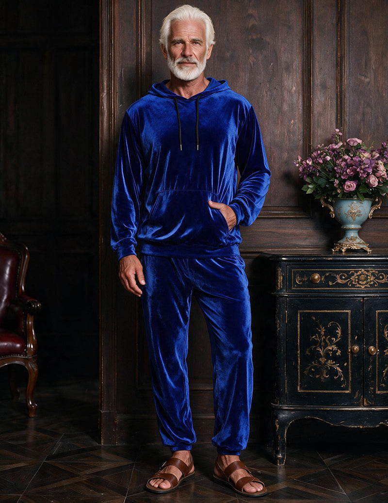 Men's royal blue velvet hooded sweatshirt and jogger pants two-piece loungewear set