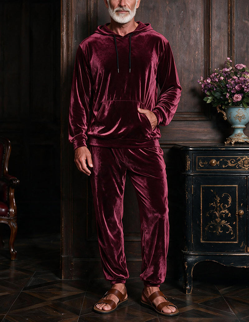 Men's wine red velvet hooded sweatshirt and jogger pants two-piece loungewear set