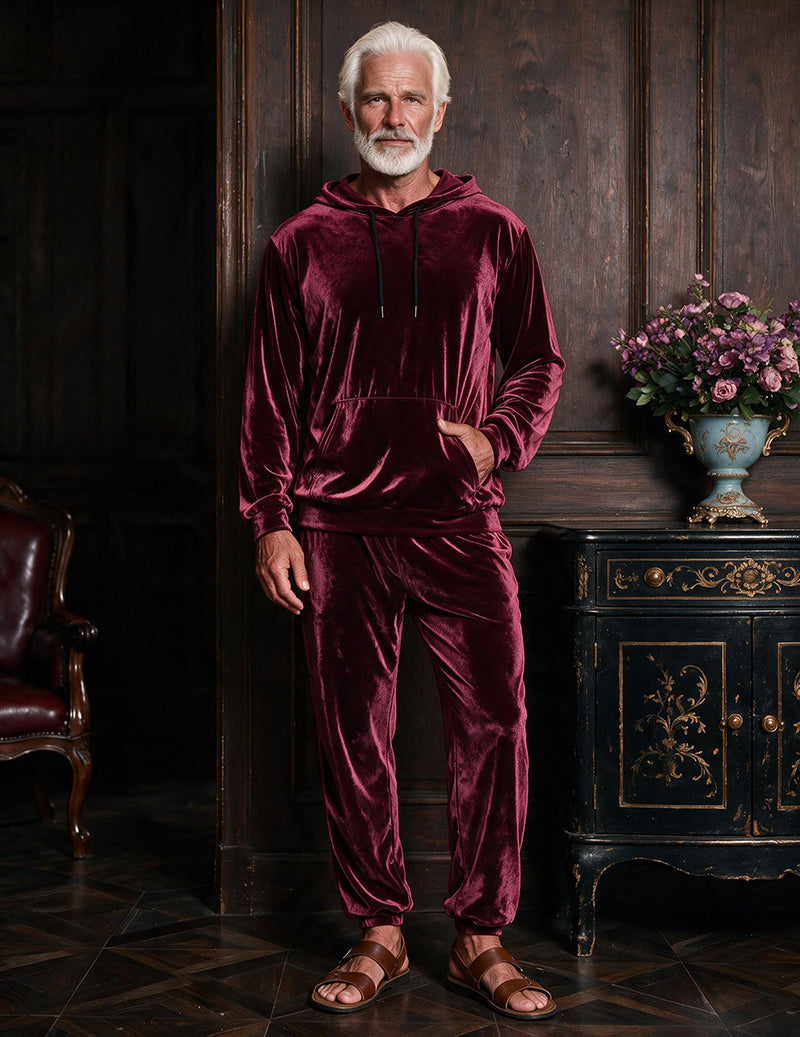 Wine red velvet hooded sweatshirt and jogger pants two-piece loungewear set