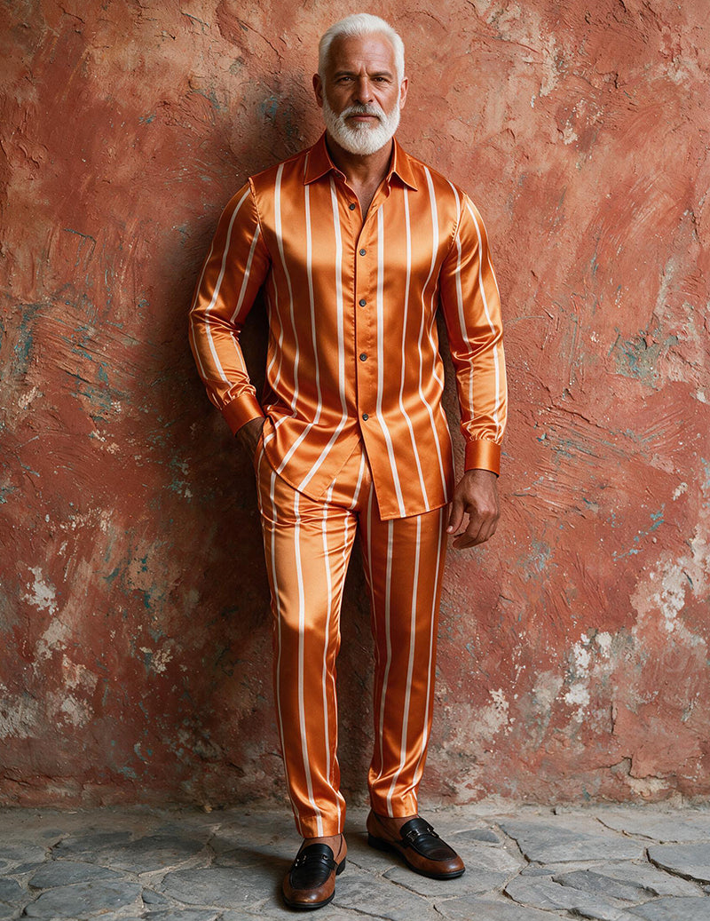 Men Satin Printed Long Sleeve Button-Down Shirt and Pants Two-Piece Suit Set