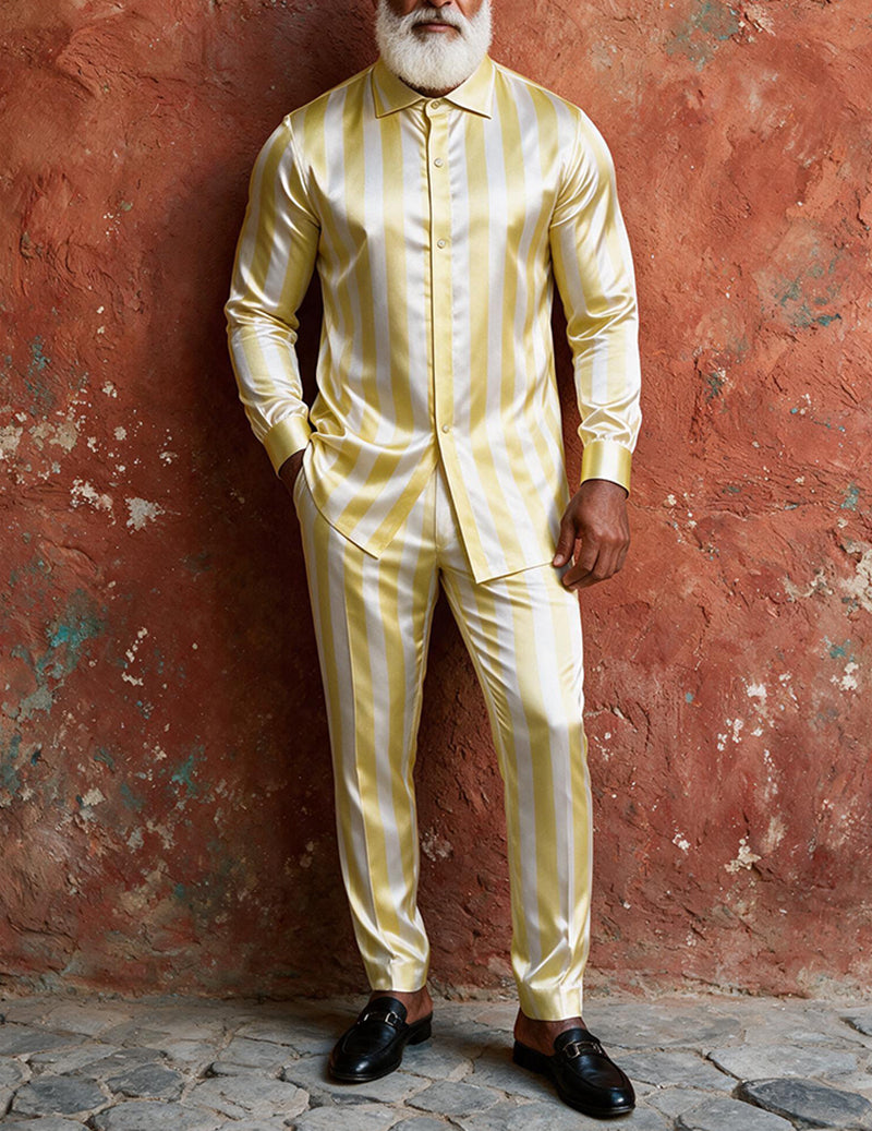 Men's satin striped button-down shirt and matching pants two-piece suit set, light yellow