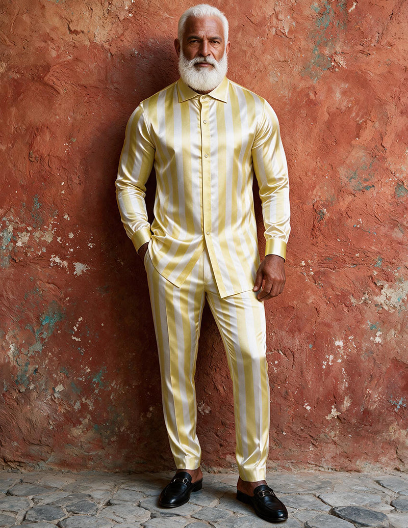 Men Satin Printed Long Sleeve Button-Down Shirt and Pants Two-Piece Suit Set