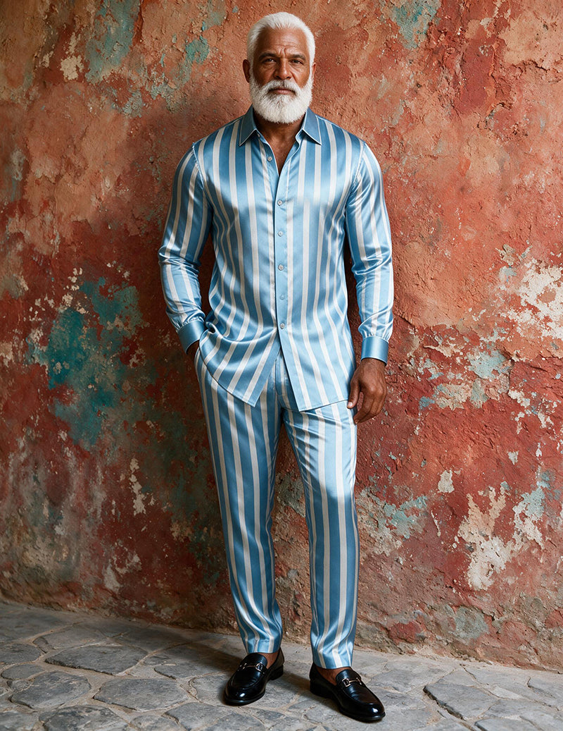 Men Satin Printed Long Sleeve Button-Down Shirt and Pants Two-Piece Suit Set
