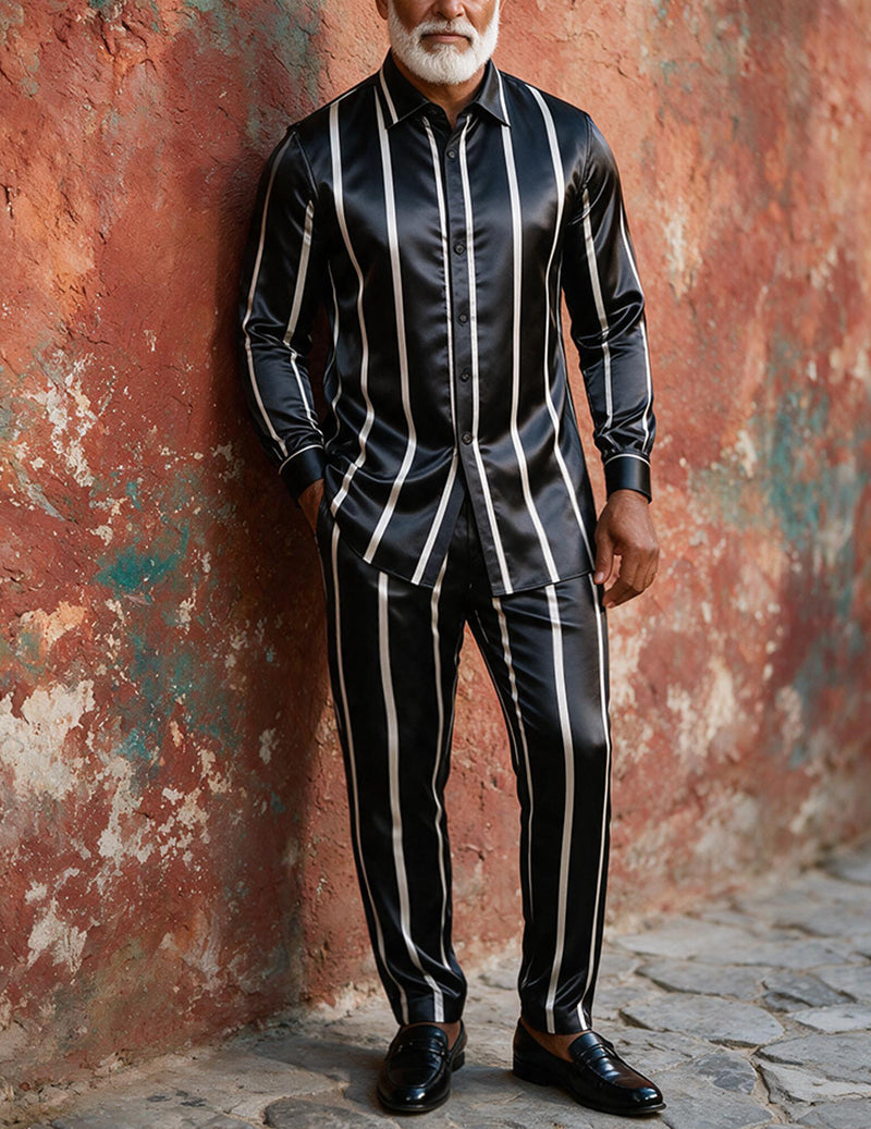 Men's satin striped button-down shirt and matching pants two-piece suit set, black