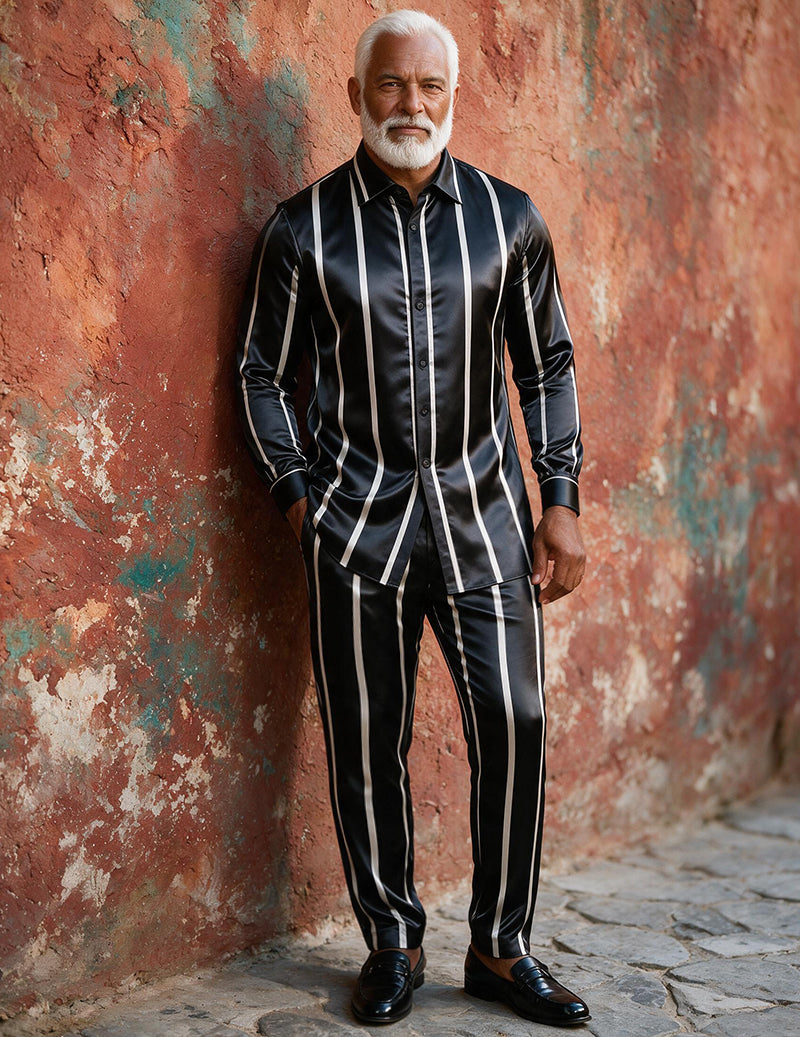 Men Satin Printed Long Sleeve Button-Down Shirt and Pants Two-Piece Suit Set