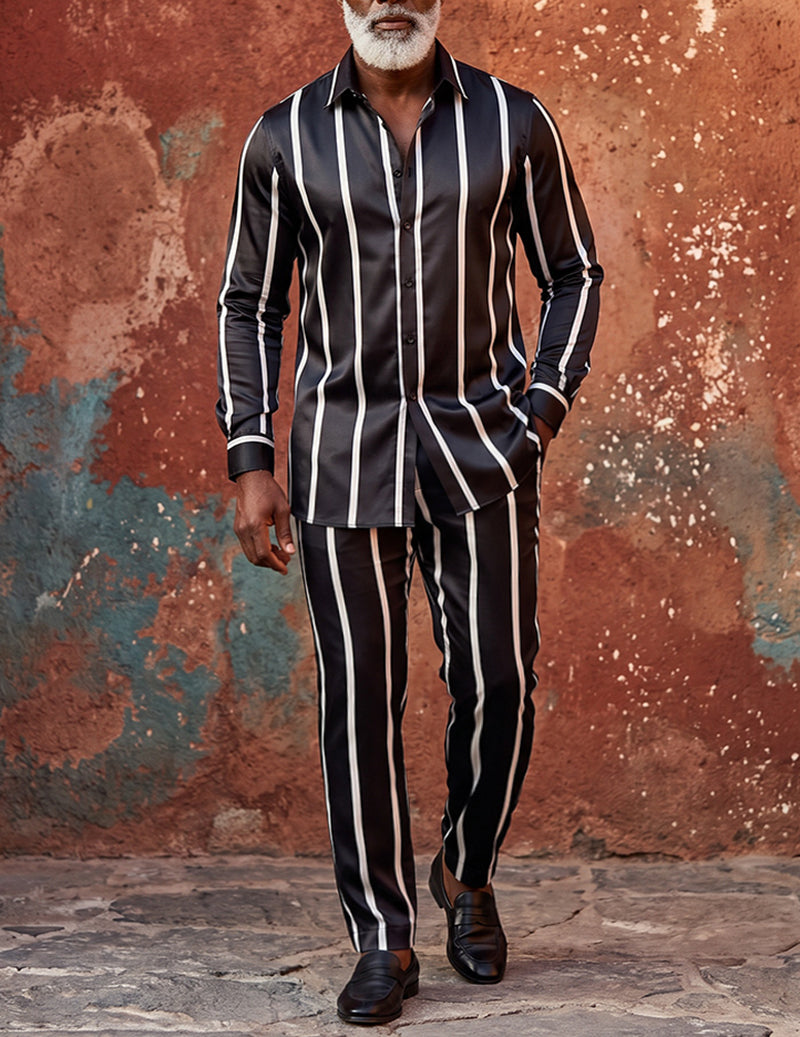 Men's satin striped button-down shirt and matching pants two-piece suit set, black and white