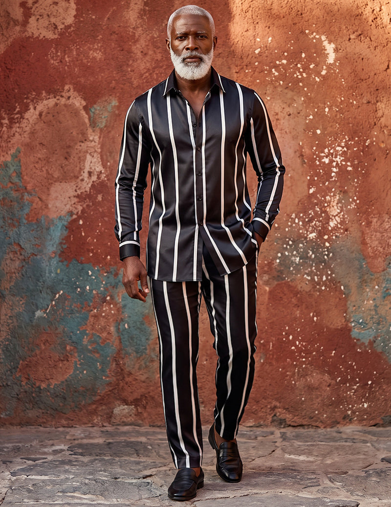 Men Satin Printed Long Sleeve Button-Down Shirt and Pants Two-Piece Suit Set