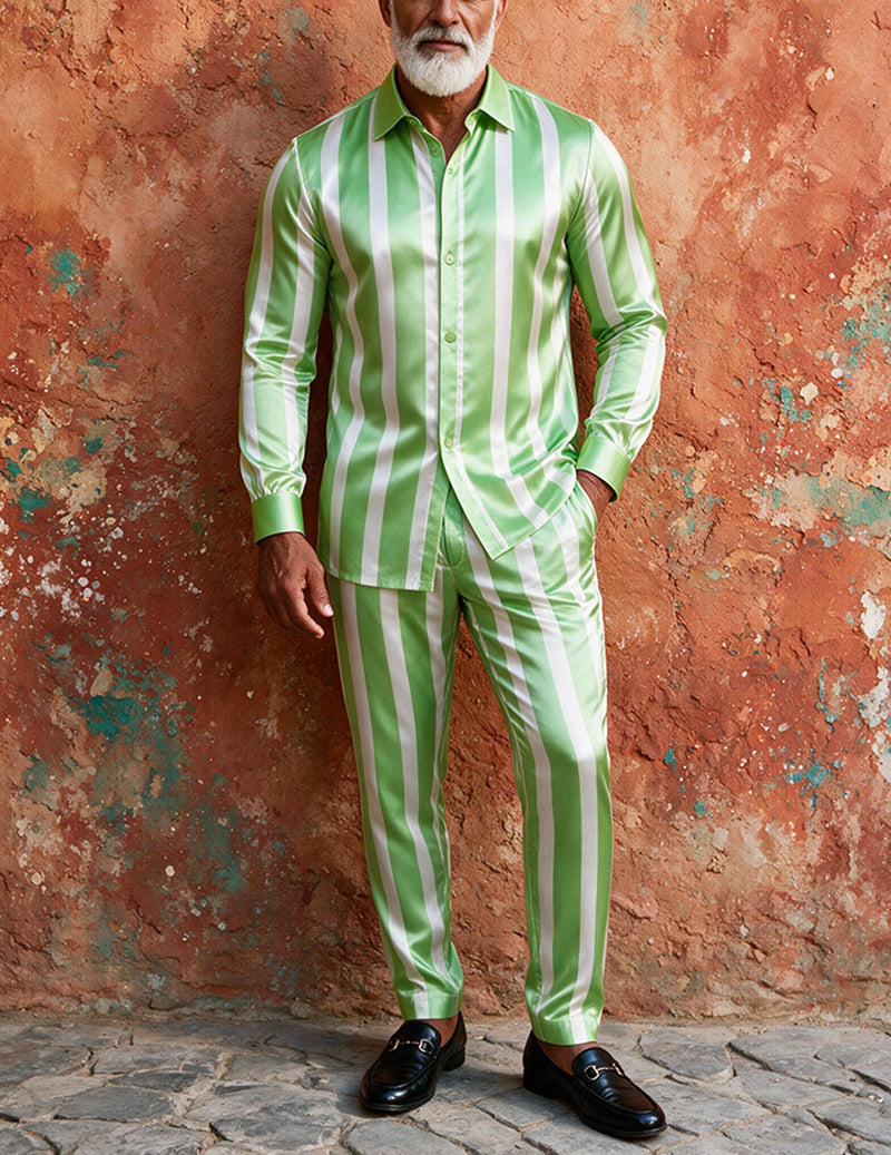Men's satin striped button-down shirt and matching pants two-piece suit set, green