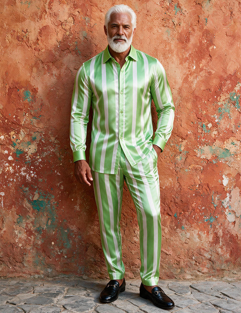 Men Satin Printed Long Sleeve Button-Down Shirt and Pants Two-Piece Suit Set