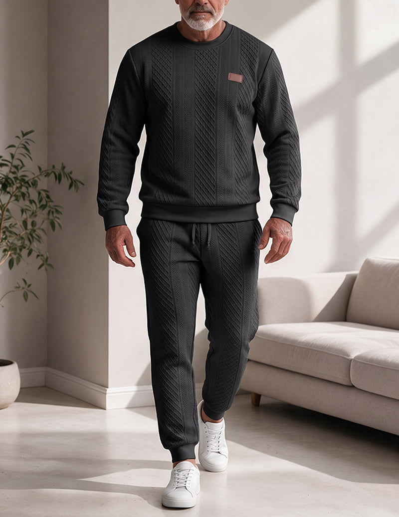 Men Textured Knit Crewneck Sweatshirt and Jogger Set
