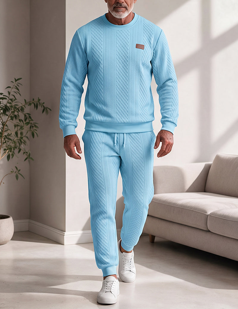Men Textured Knit Crewneck Sweatshirt and Jogger Set