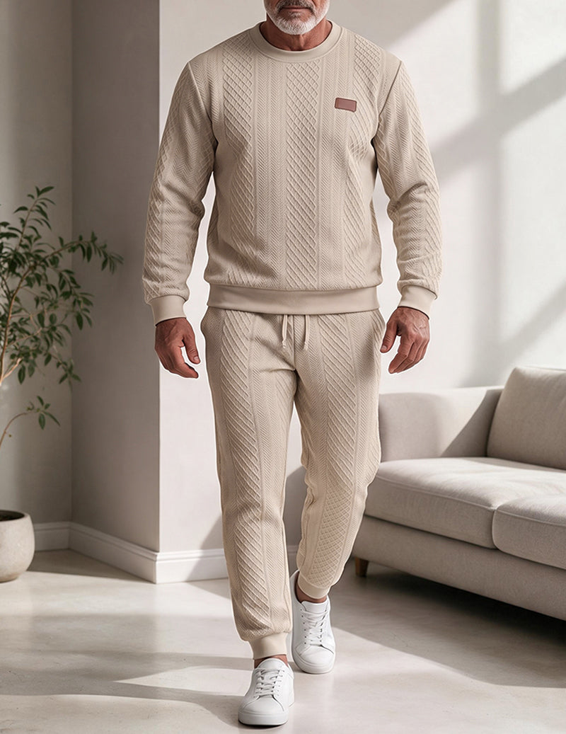 Men Textured Knit Crewneck Sweatshirt and Jogger Set