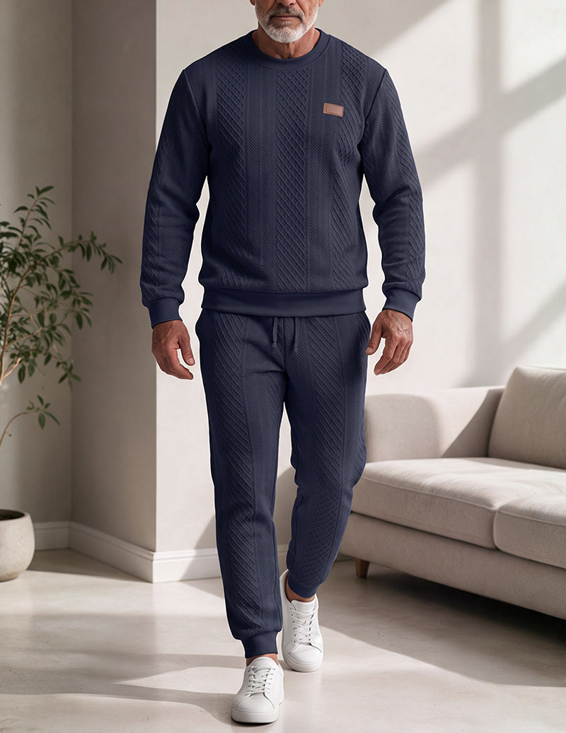 Men Textured Knit Crewneck Sweatshirt and Jogger Set