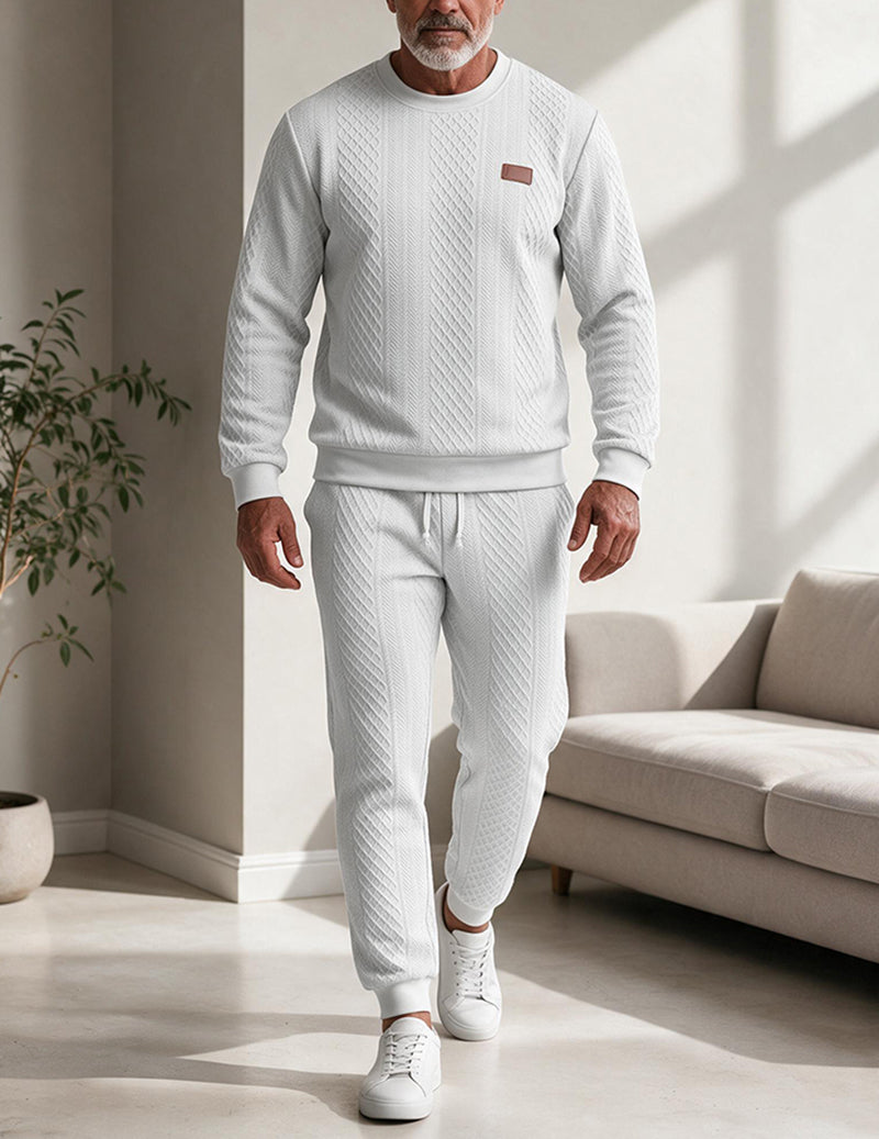 Men Textured Knit Crewneck Sweatshirt and Jogger Set