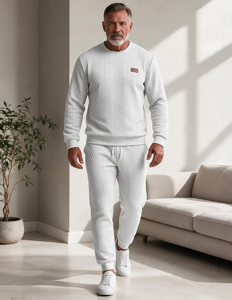 Men Textured Knit Crewneck Sweatshirt and Jogger Set