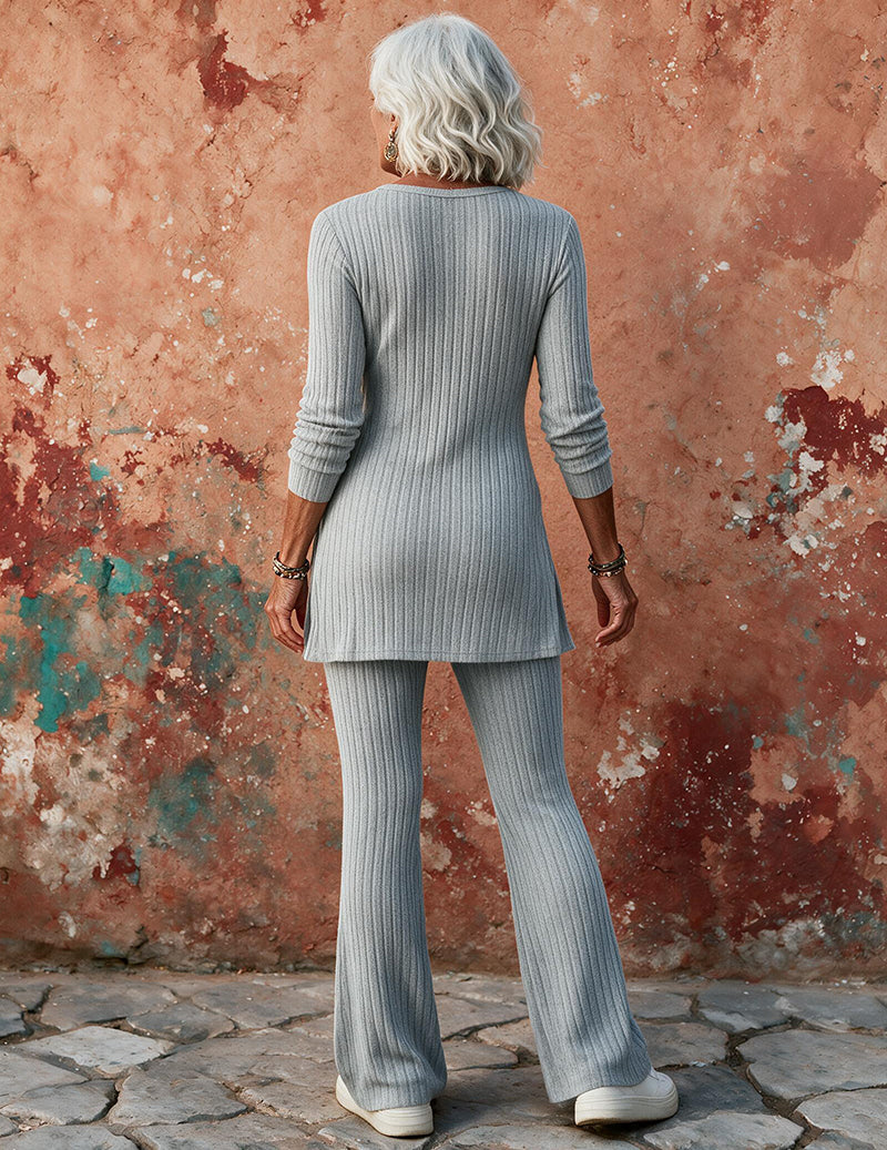 Ribbed Knit Crew Neck Short Sleeve Tunic Top and Wide Leg Pants Two-Piece Set